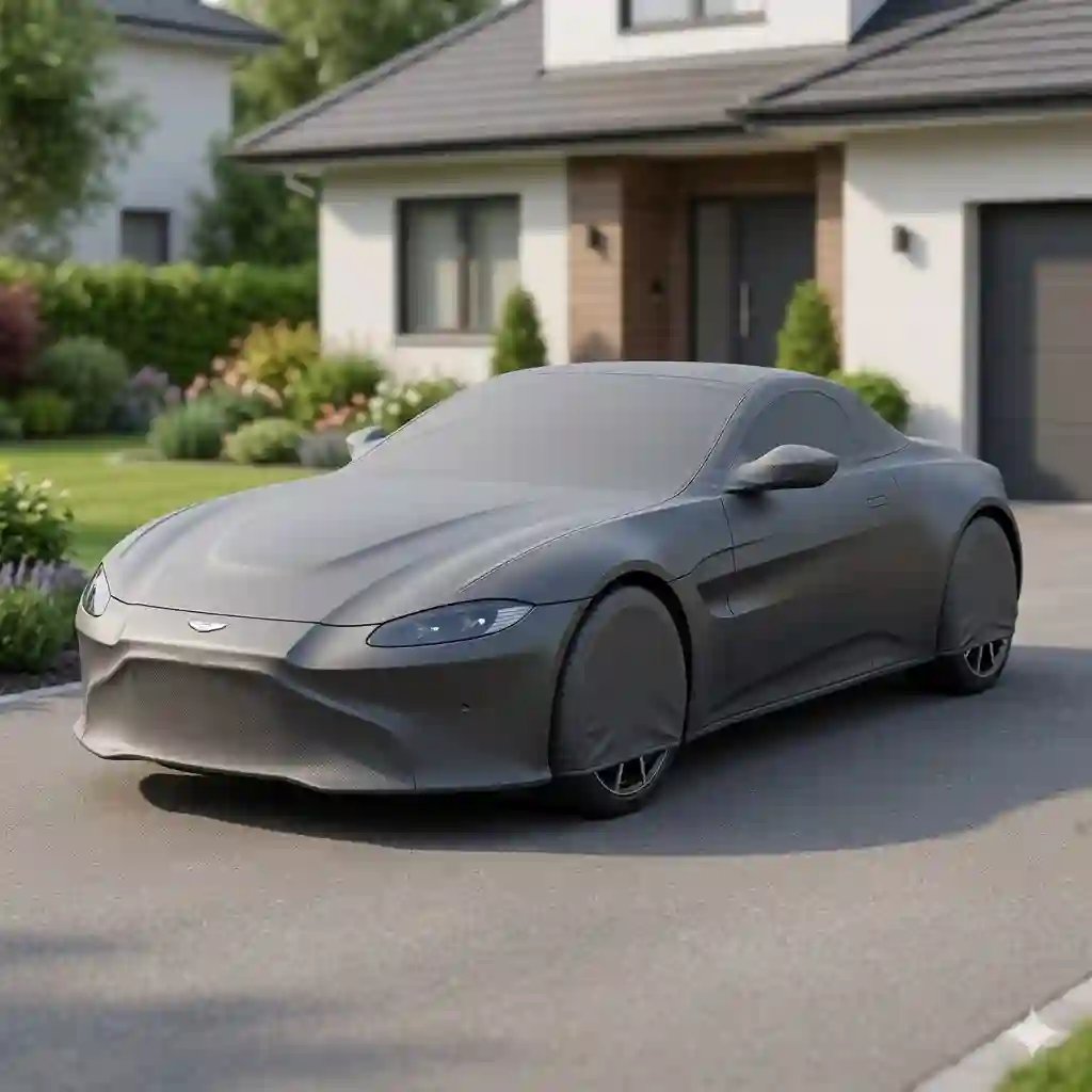 A sleek gray convertible car cover protecting a modern sports car parked in a driveway.