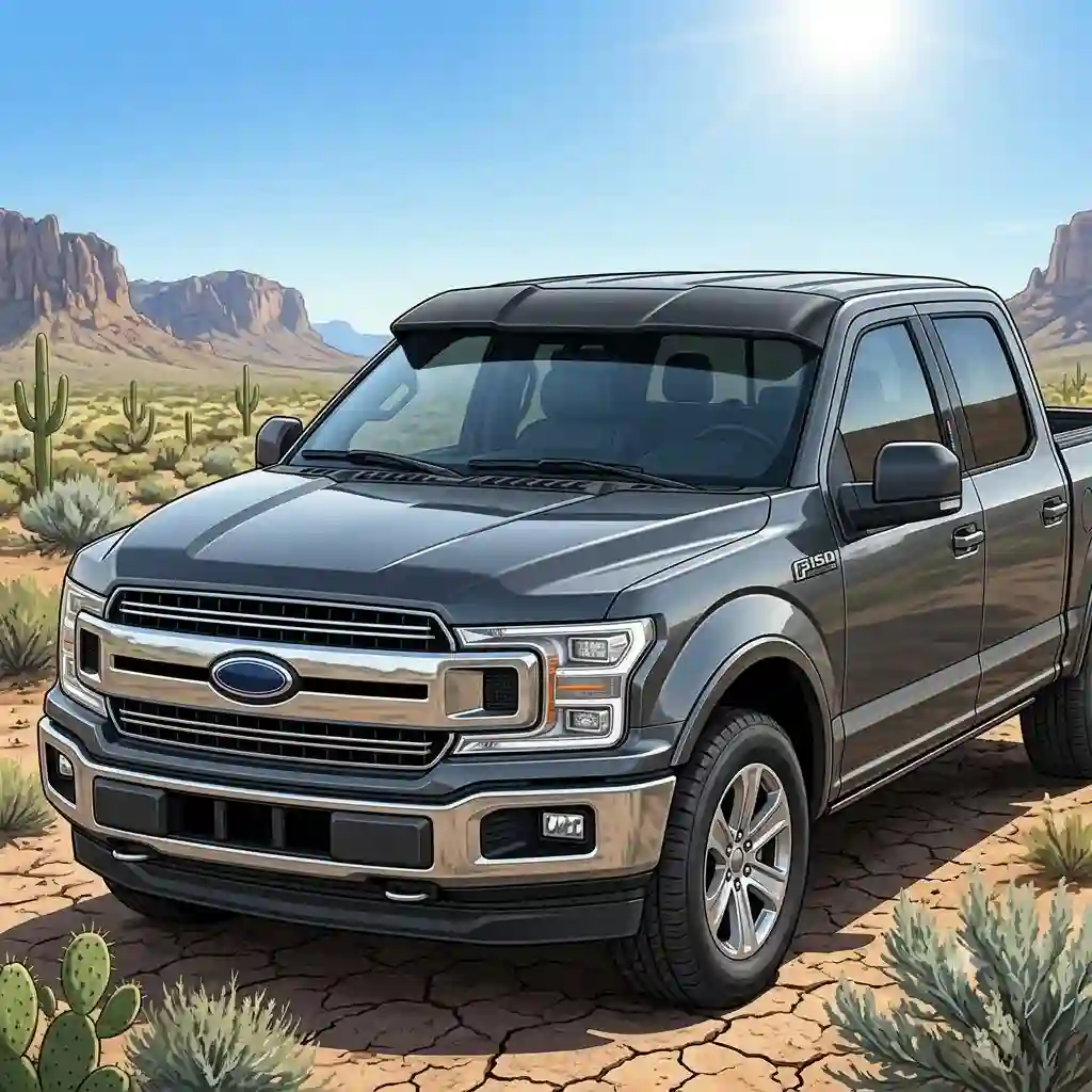 A sleek black pickup truck parked in the desert sun, showcasing the best installed exterior cab sun visors for pickup trucks.