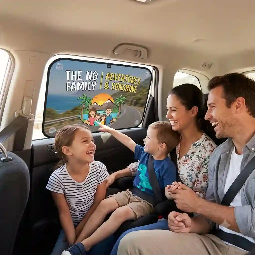 A family smiling inside a car with custom-designed personalized car window shades protecting them from the sun.