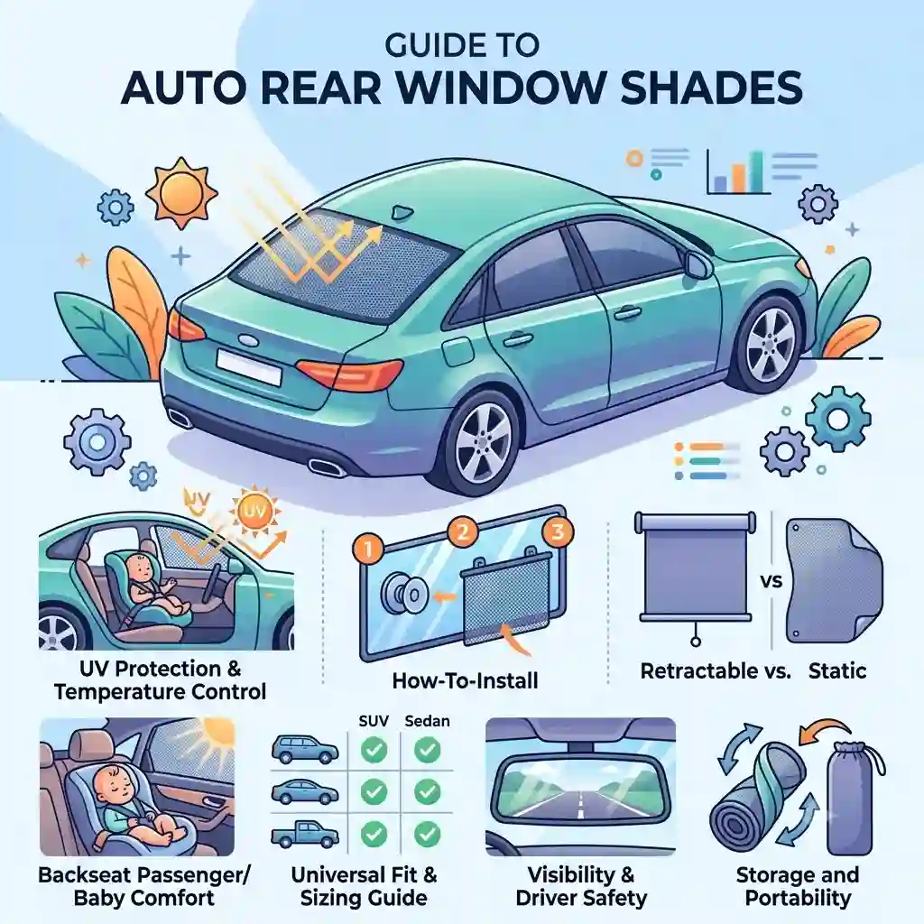 A comprehensive illustrative guide on how to choose and use an auto rear window shade, featuring a modern sedan with a deployed mesh sunshade and smaller icons for key benefits like UV protection, easy installation, and child comfort.