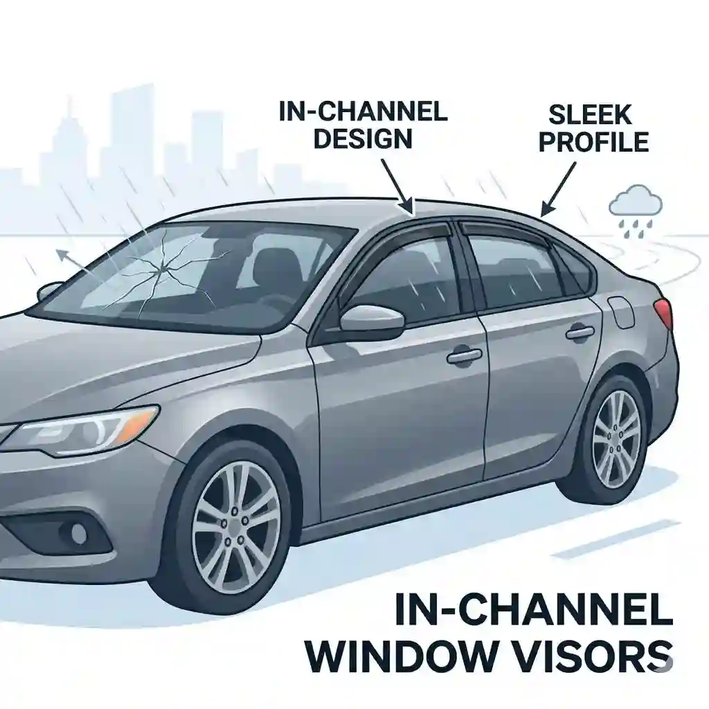 A 300x300 illustration of a grey sedan showing in channel window visors installed on both driver and passenger windows.