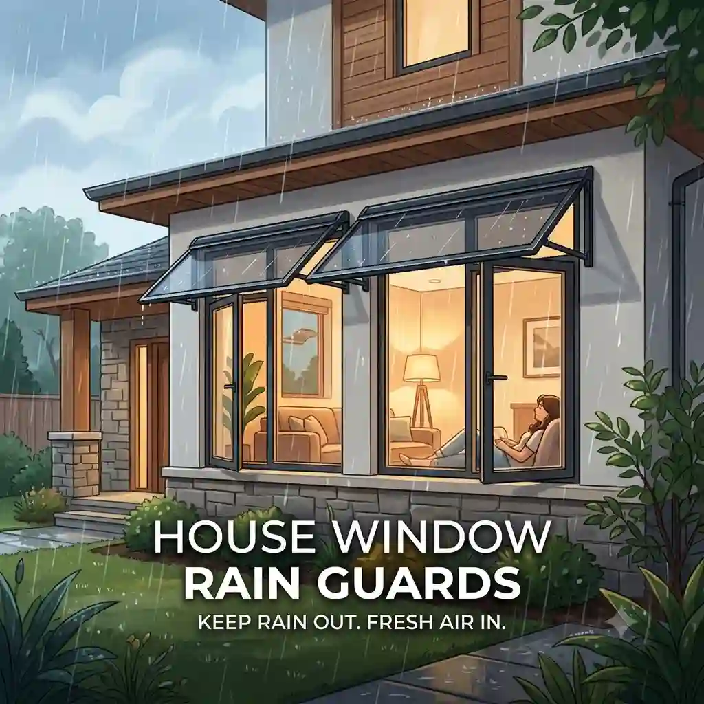 Modern home exterior featuring durable house window rain guards that allow windows to stay open during a rainstorm.