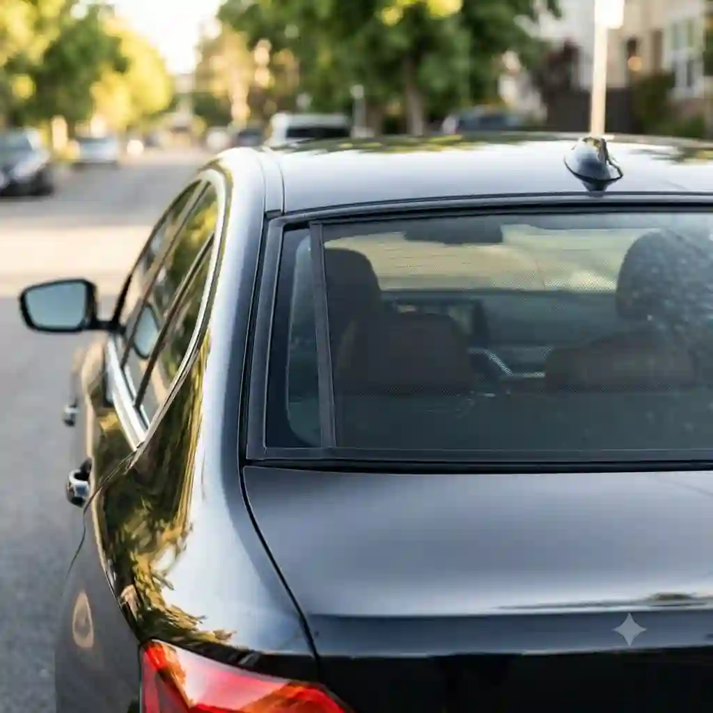 A sleek black sedan with premium rear car window blinds installed, blocking out bright sunlight while maintaining visibility.
