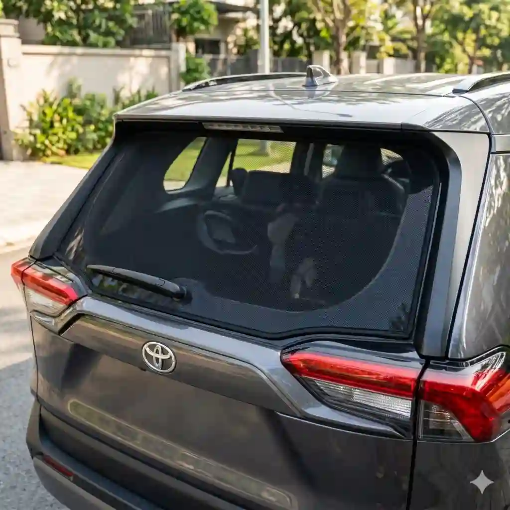 1-rear-window-sunshade: Premium mesh rear window sunshade installed on a modern SUV to block UV rays and reduce cabin heat.
