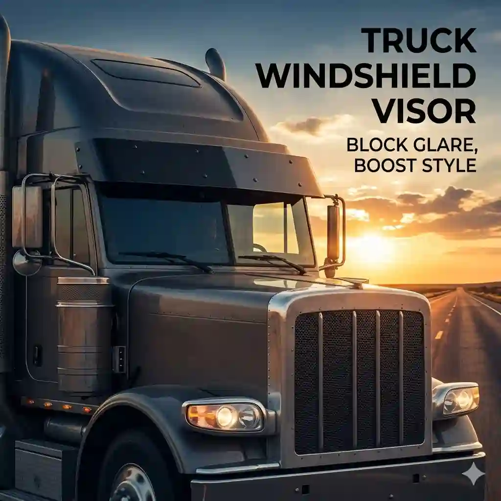 A sleek dark-tinted truck windshield visor installed on a modern semi-truck driving down an open highway during a sunny sunset.