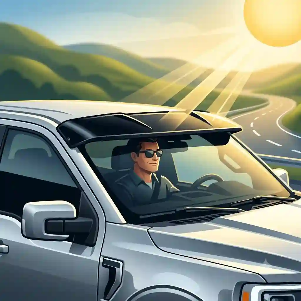 A modern truck driving on a sunny road featuring an exterior sun visor for pickups installed above the windshield.