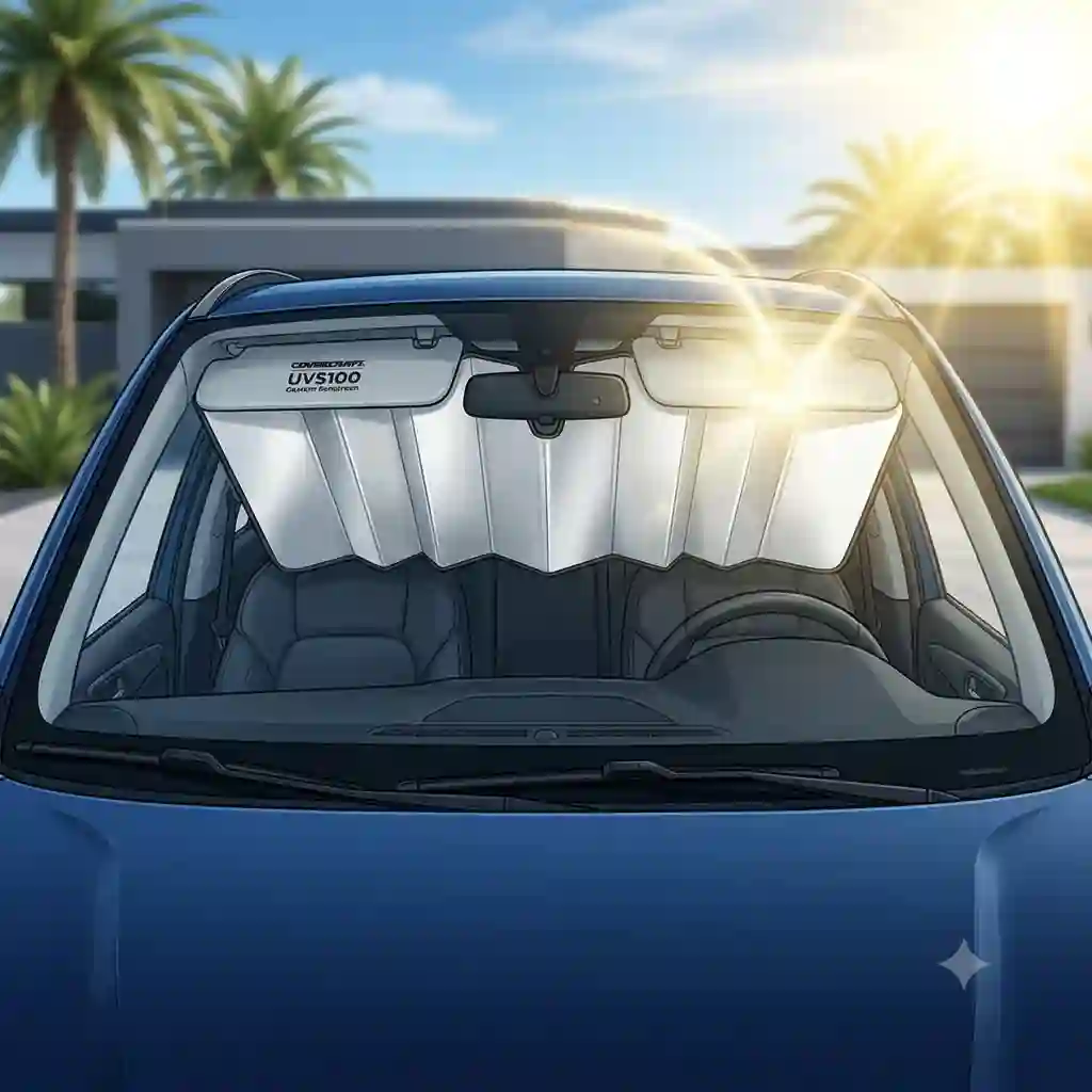 A premium car interior showing a uvs100 custom sunscreen perfectly fitted inside the windshield to block maximum sunlight.