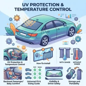 Infographic illustration showing how an auto rear window shade blocks harmful UV rays and lowers the interior temperature of a car, keeping the backseat cool and safe.
