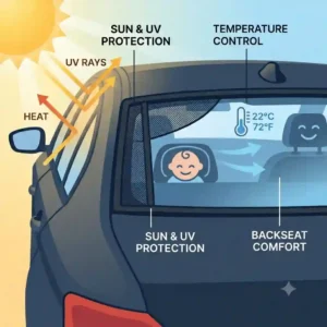 An illustration showing how rear car window blinds block harmful UV rays and reduce interior cabin temperature.