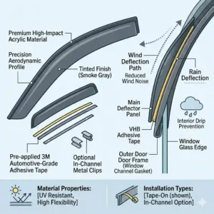Diagram showing the premium acrylic structure of aerodynamic car window vents.