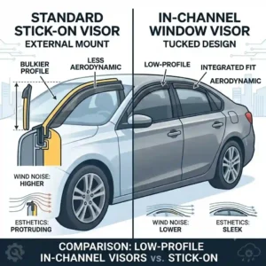 A 300x300 graphic diagram comparing stick-on deflectors with the lower-profile in channel window visors.