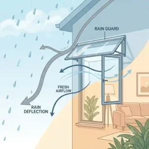 Diagram illustrating how house window rain guards deflect rainwater while keeping indoor airflow active.
