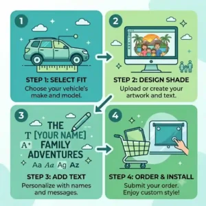 A step-by-step vector illustration showing how to upload a design and order personalized car window shades online.