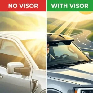A visual comparison showing reduced glare and improved visibility with a sun visor for pickups.