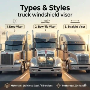 Graphic diagram comparing different custom truck windshield visor designs including drop, straight, and bowtie styles.