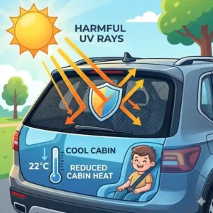 Educational graphic showing how a back window shade blocks harmful UV rays and heat.