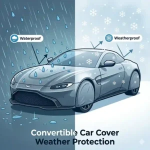 Waterproof convertible car cover repelling heavy rain and snow to prevent water damage.