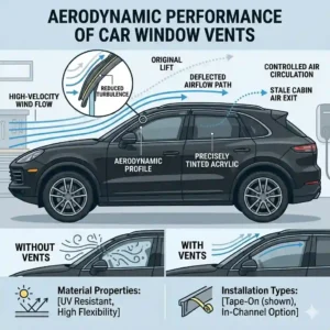Illustration demonstrating how car window vents deflect wind flow away from the cabin to reduce drag and noise.