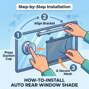A step-by-step diagram detailing how to attach a flexible auto rear window shade to a vehicle window using suction cups, illustrating the alignment and secure placement.