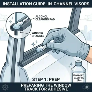 A 300x300 close-up illustration showing a hand cleaning the window track before installing in channel window visors.