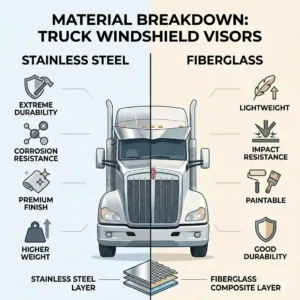 Material comparison infographic showing the features of stainless steel and fiberglass truck windshield visor options.