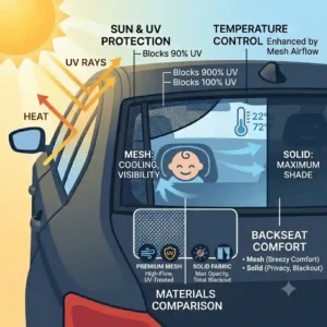 A side-by-side comparison diagram of mesh and solid fabric options for rear car window blinds.
