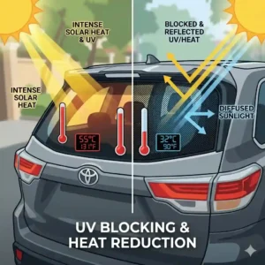 3-rear-window-sunshade: Step-by-step diagram detailing the simple installation process for a static cling rear window sunshade.