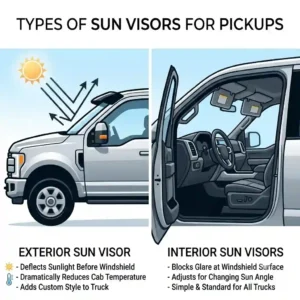 An infographic diagram explaining the different types of sun visor for pickups, including exterior and interior options.