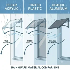 A comparison of different materials for house window rain guards including clear acrylic and metal options.