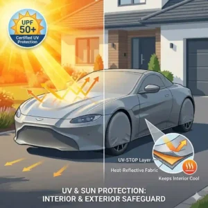 UV resistant convertible car cover reflecting harsh sunlight to protect the vehicle's paint and leather interior.