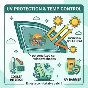 An infographic illustration showing how personalized car window shades block UV rays and keep the vehicle interior cool.