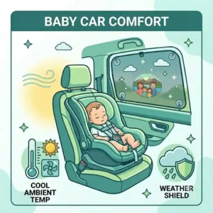 A cute illustration of a baby sleeping peacefully in a car seat shielded by a colorful personalized car window shade.