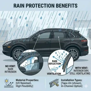 Illustration of a vehicle in the rain with cracked windows protected by car window vents.
