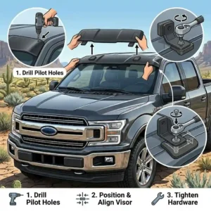 A step-by-step graphic outlining the proper tools and drilling instructions on how to install sun visors for pickup trucks.