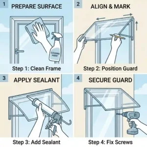 Graphic showing the step-by-step installation process of DIY house window rain guards on a vinyl frame.