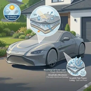 Multi-layer convertible car cover material diagram showing the waterproof outer shell and scratch-free soft inner lining.