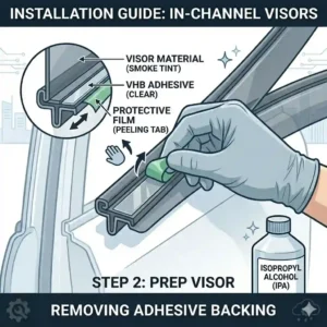 A 300x300 illustrative guide demonstrating peeling back the red adhesive liner on in channel window visors.