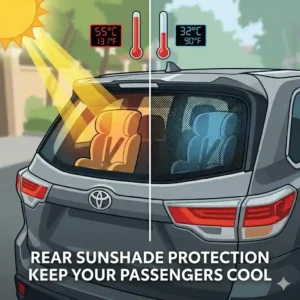4-rear-window-sunshade: Illustration comparing car cabin temperatures with and without a rear window sunshade during hot summer days.