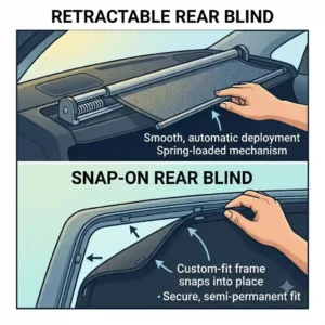 An infographic illustrating the design differences between retractable and custom snap-on rear car window blinds.