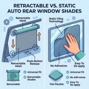 A vector comparison infographic contrasting the features of a retractable roller-style auto rear window shade with a flexible, custom-fit static cling sunshade, highlighting their unique benefits and mounting methods.