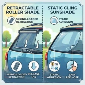 Comparison diagram between different types of back window shade such as mesh and roller styles.