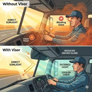 Illustration demonstrating how a truck windshield visor blocks direct sun glare and reduces cabin heat for safer driving.