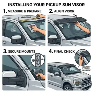 An illustrated guide showing the step-by-step process for the professional installation of a sun visor for pickups.