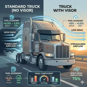 Line drawing of wind tunnel airflow passing efficiently over an aerodynamic truck windshield visor to minimize drag.