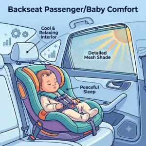 A detailed vector illustration of a baby in a car seat sleeping soundly in a backseat shielded from the harsh sun and heat by a mesh auto rear window shade.