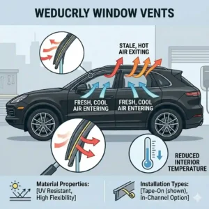 Infographic showing fresh air circulation and heat dissipation in a parked vehicle using car window vents.
