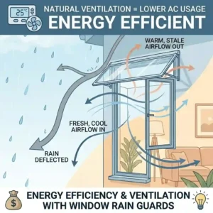 Infographic detailing the energy-saving benefits of using house window rain guards for natural ventilation.