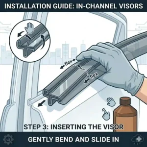 A 300x300 illustration showing how to flex and secure in channel window visors into the door frame.