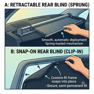 A step-by-step diagram showing how to securely install clip-in rear car window blinds without tools.