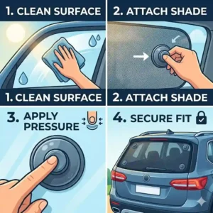 Step-by-step visual instructions on how to install a suction cup back window shade correctly.